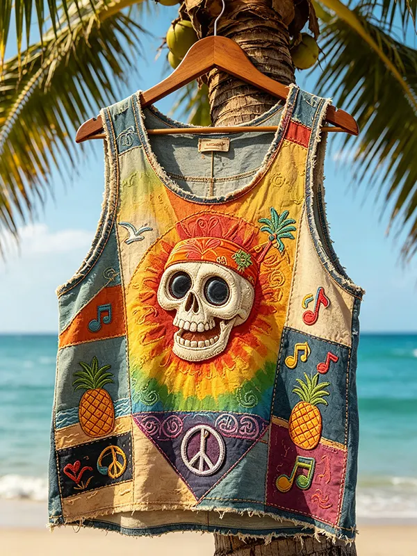 Men's Tie-Dye Skull & Pineapple Peace Sign Patchwork Art Print Tank Top