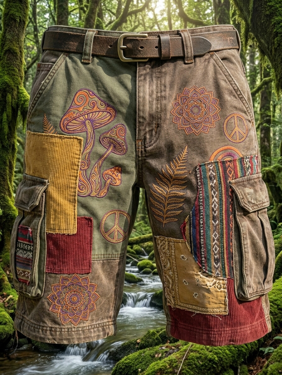 Men's Hippie Mushroom And Mandala Patchwork Print Casual Shorts