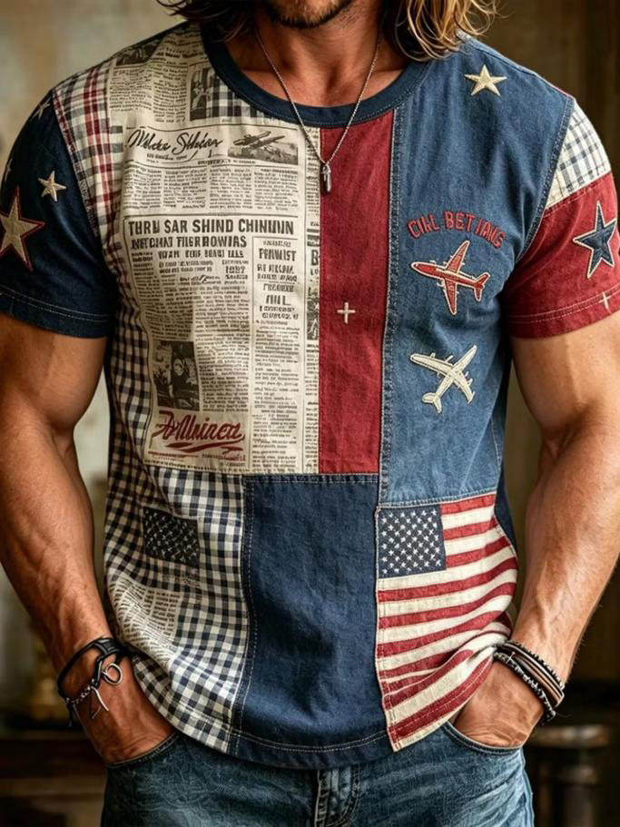 Men's American Flag Newspaper Patchwork Art Print T-Shirt
