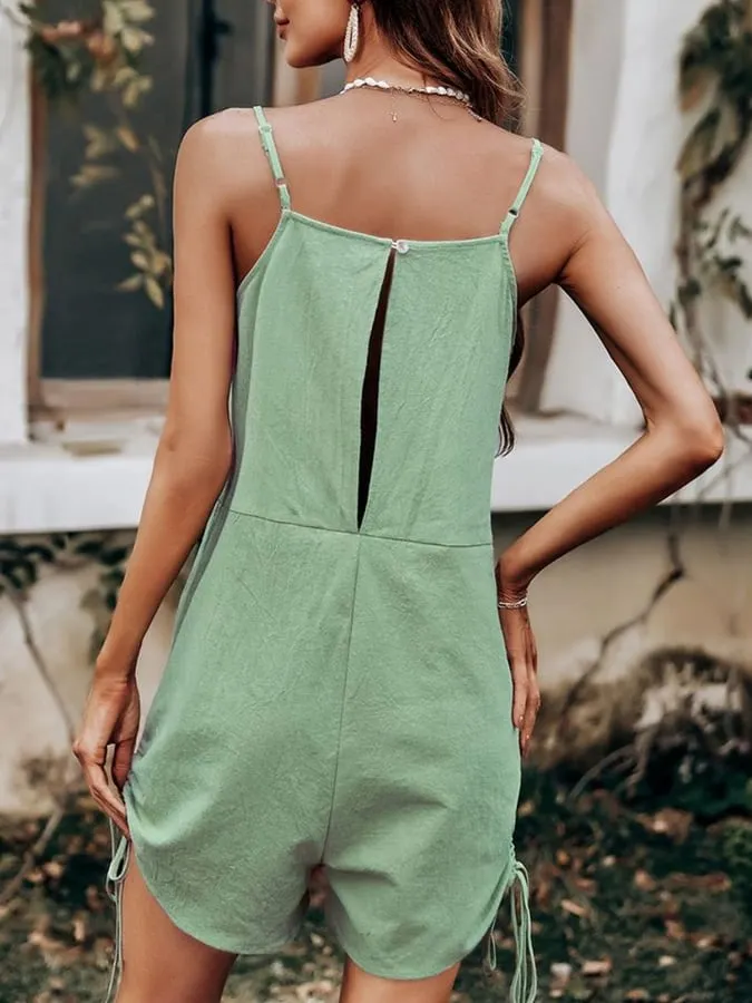 Women's Casual Solid Color Strap Keyhole Drawstring Jumpsuits