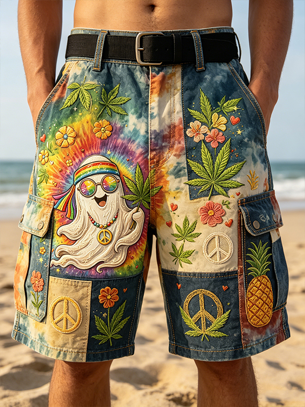 Men's Ghost Plants Peace Sign Rainbow Tie-Dye Print Cargo Shorts