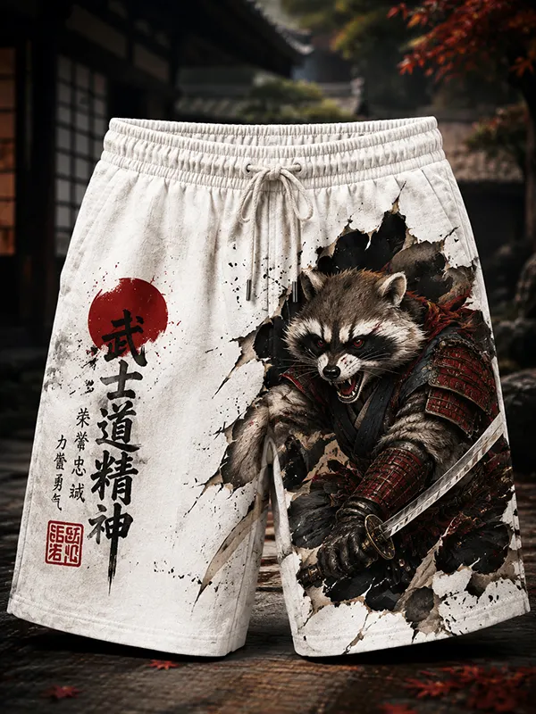 Men's Raccoon Warrior Japanese Samurai Art Print Casual Shorts