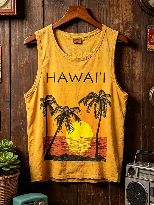 Men's Vintage Hawai'i Sunset Palm Tree Art Print Tank Top