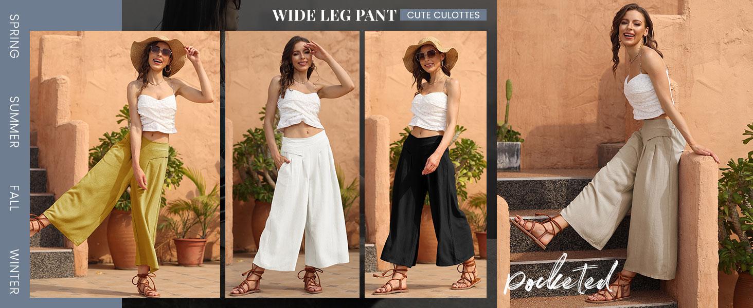 Tanming Women's Cotton Linen Culottes Pants Elastic Waist Wide Leg Palazzo Trousers Capri Pants with Pockets Tanming Women's Cotton Linen Culottes Pants Elastic Waist Wide Leg Palazzo Trousers Capri Pants with Pockets