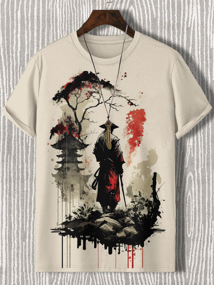 Men's Samurai Tower Tree Japanese Art Print Cotton Casual T-Shirt
