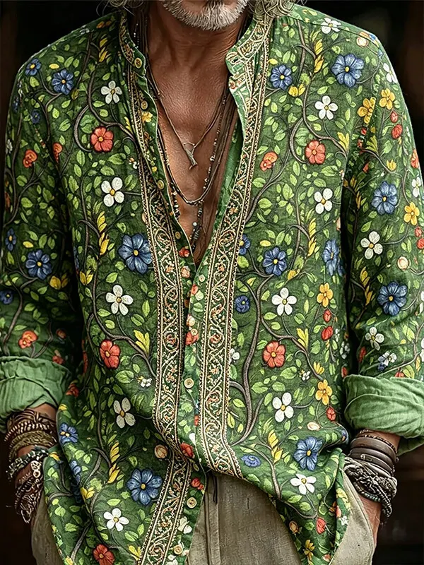 Men's Retro Medieval Flowers Print Long Sleeve Shirt