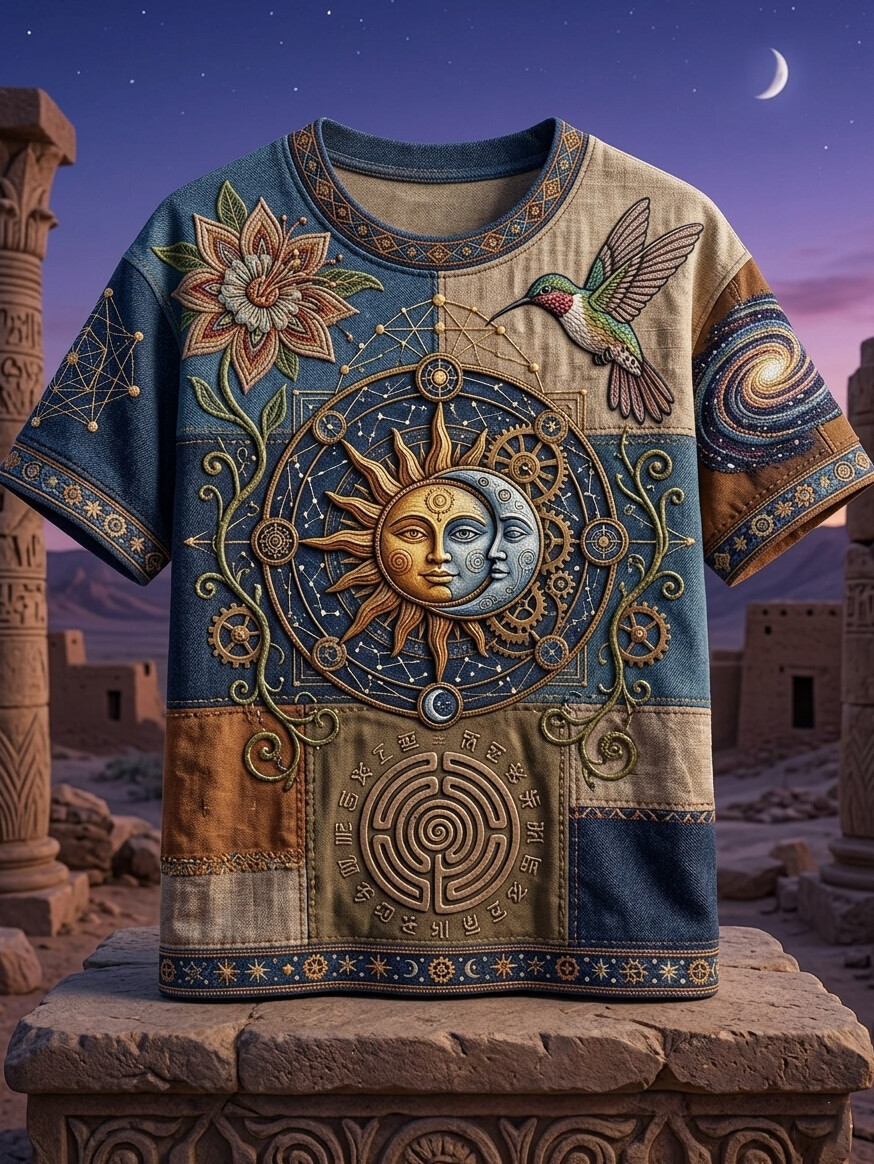 Men's Patchwork Celestial Sun & Moon Hummingbird Art Print T-Shirt