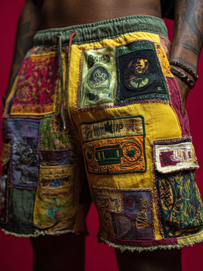 Men's Tape Ethnic Geometric Art Print Drawstring Cargo Shorts