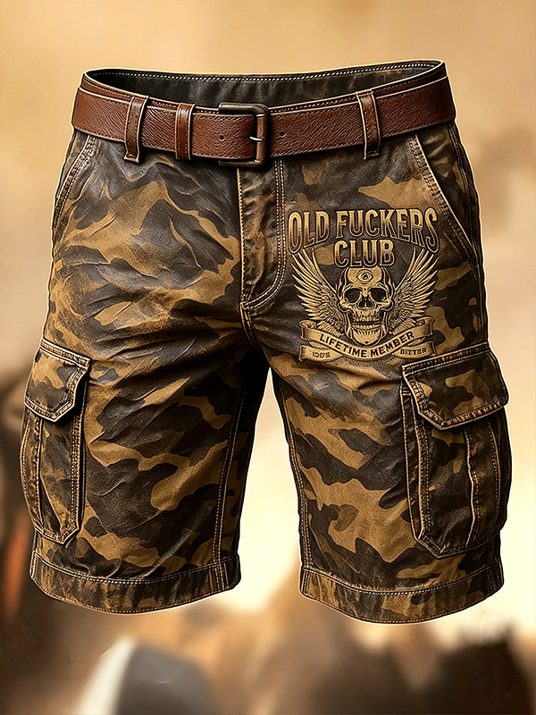 Men's Old Fuckers Club Skull Camo Print Cargo Shorts