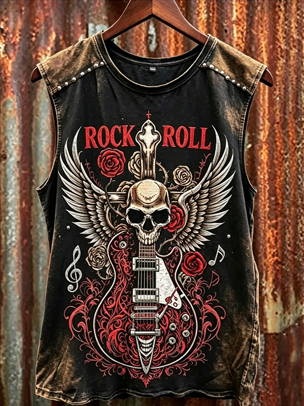 Men's Rock N Roll Winged Skull & Guitar Art Print Tank Top