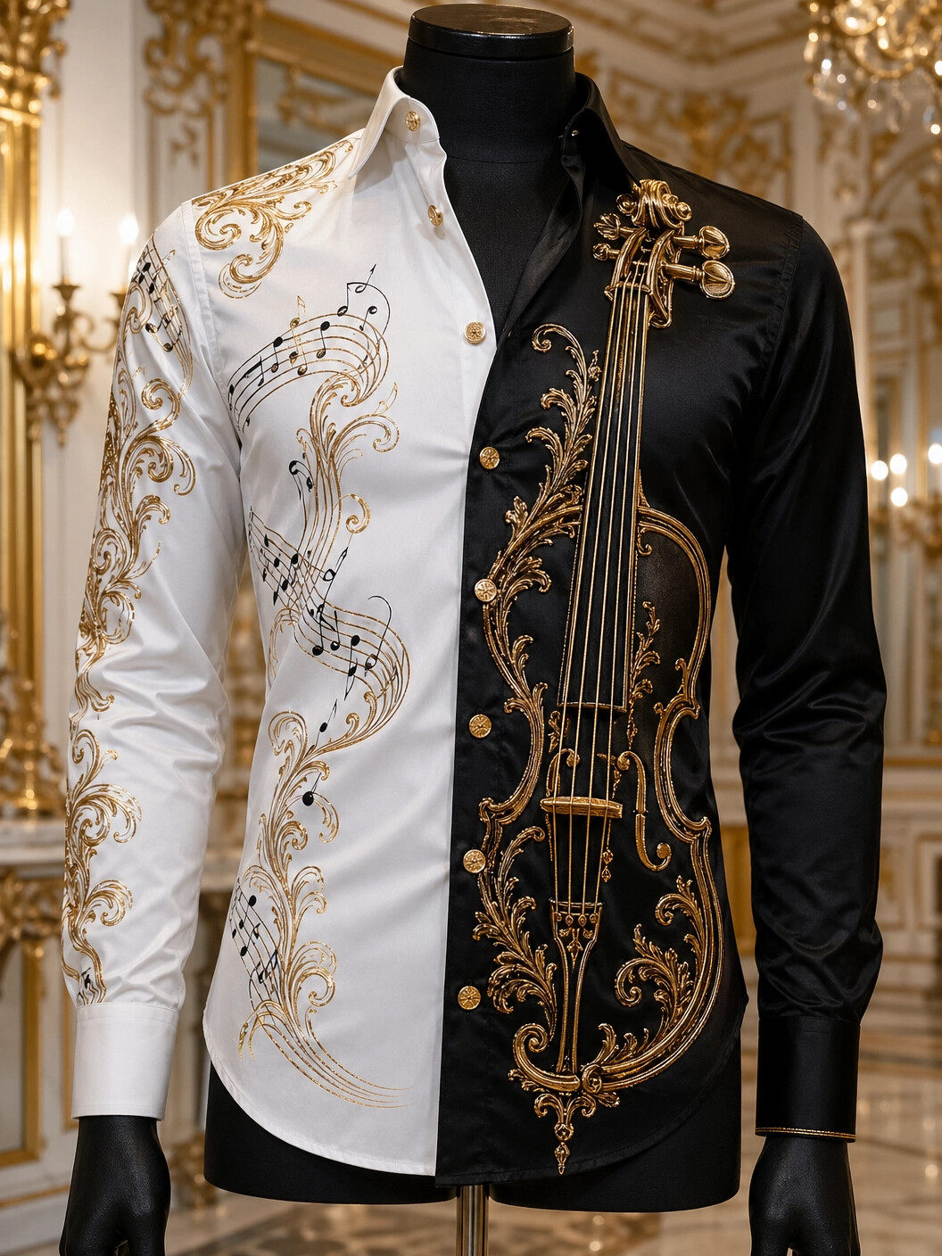 Men's Contrast Color Retro Cello Print Long Sleeve Shirt