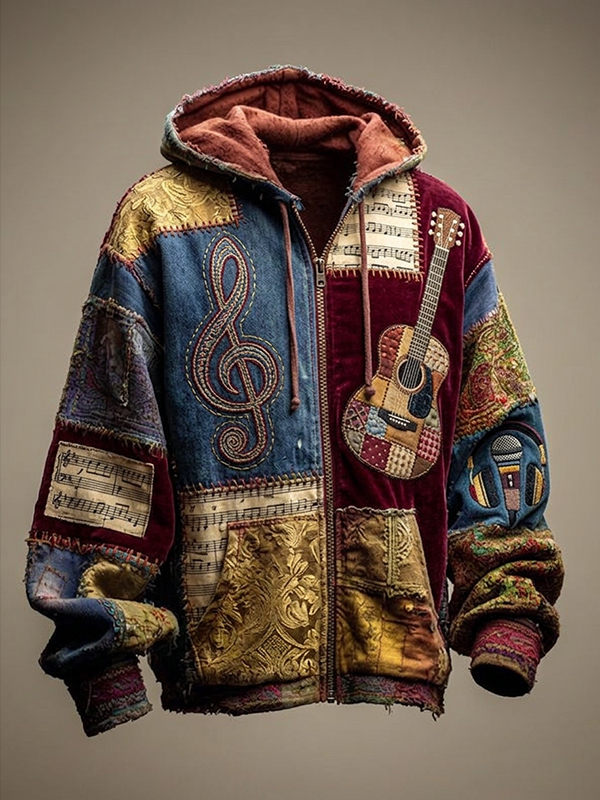 Men's Retro Musical Notes And Guitar Print Hooded Zip Up Jacket