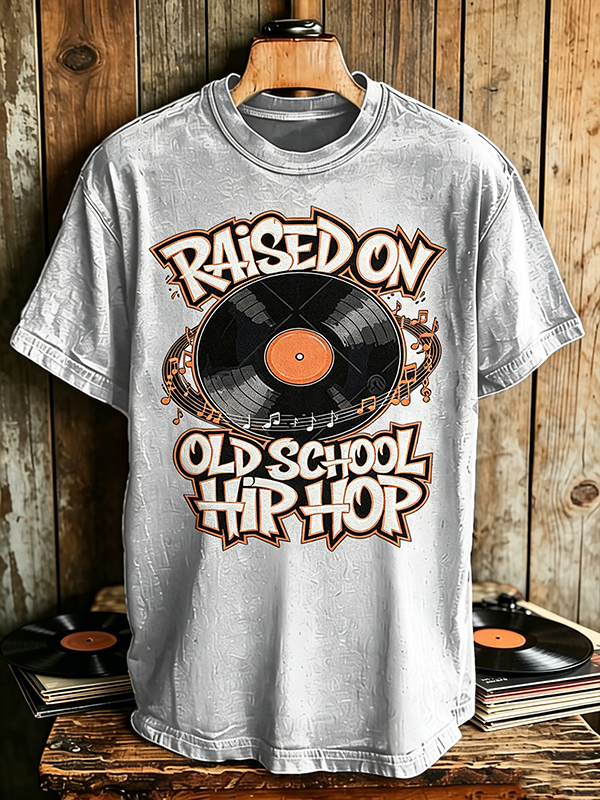 Men's Raised On Old School Hip Hop Vinyl Record Print Cotton Casual T-Shirt