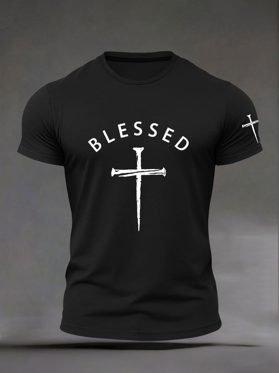 Men's Blessed Cross Art Print Cotton Casual T-Shirt