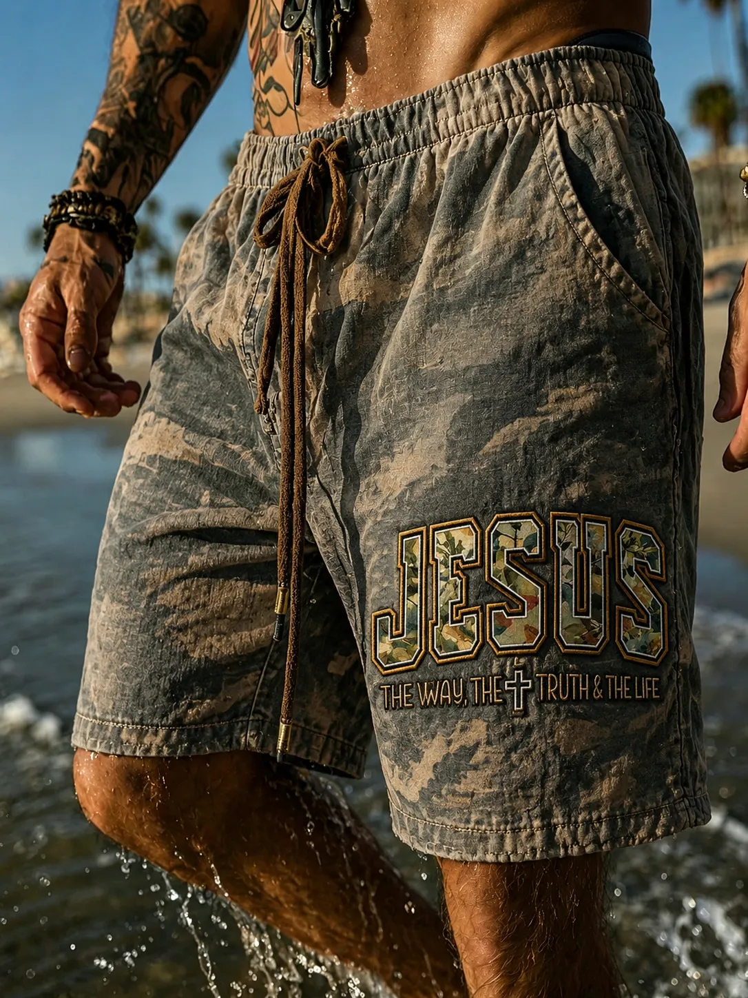 Men's Distressed Camo Jesus The Way The Truth The Life Print Casual Shorts