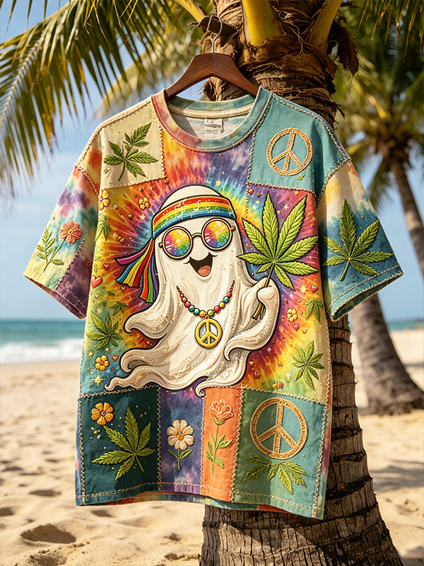 Men's Peace Sign Flower Ghost Tie-Dye Patchwork Hippie Art Print Casual T-Shirt