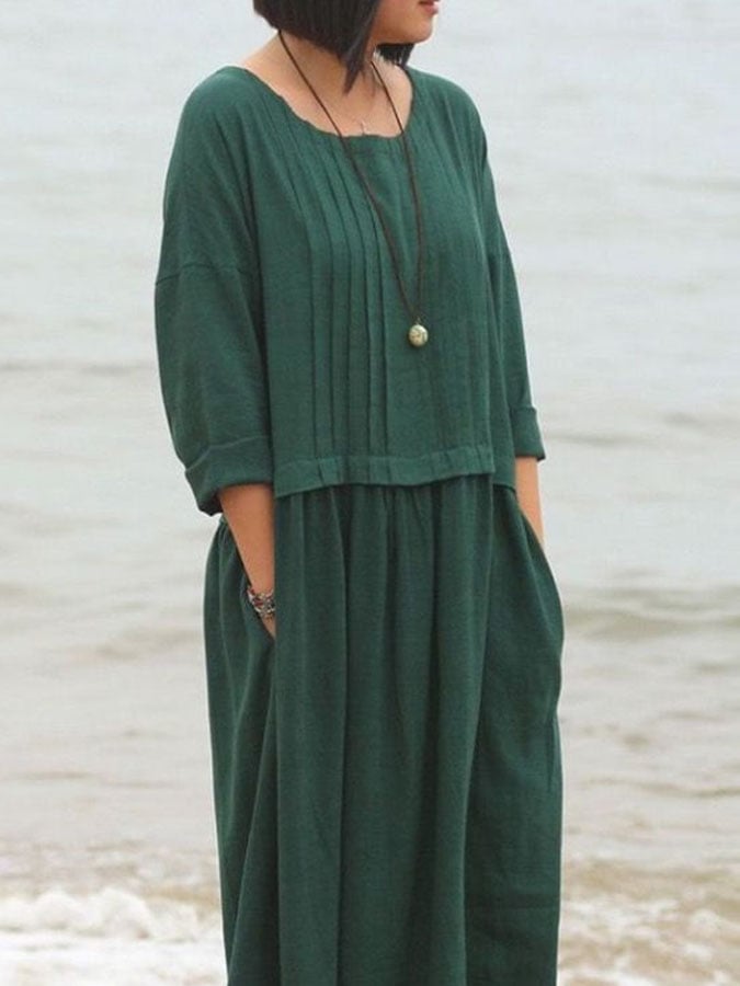 Women's Casual Solid Color Round Sleeve Shirred Dress