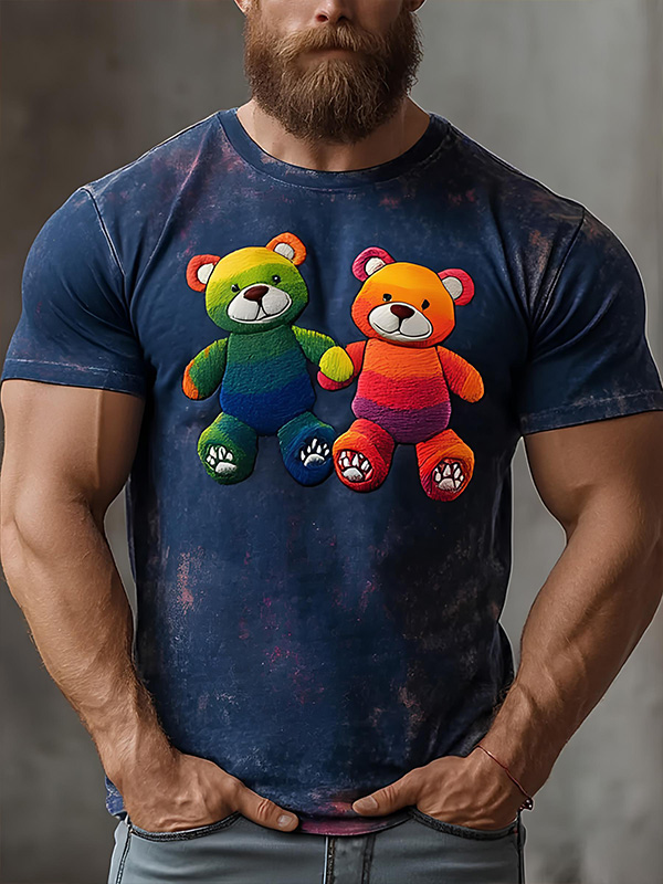 Men's Rainbow Teddy Bear Print T-Shirt