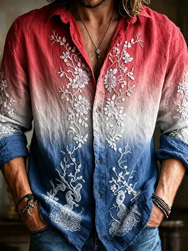 Men's Flower Vines Gradient American Flag Art Print Long Sleeve Shirt
