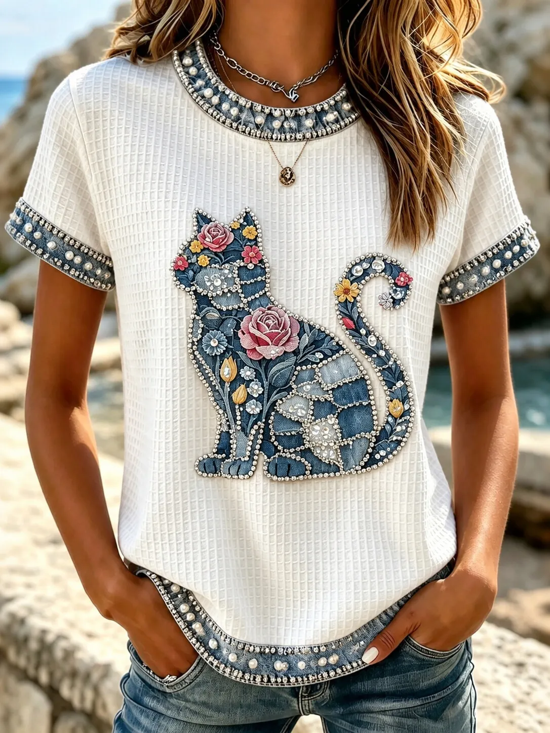 Women's Rhinestone Cat Floral Patch Art Print Casual T-Shirt