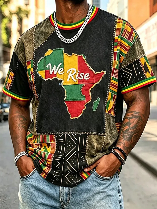 Men's Patchwork Africa Map We Rise Print T-Shirt