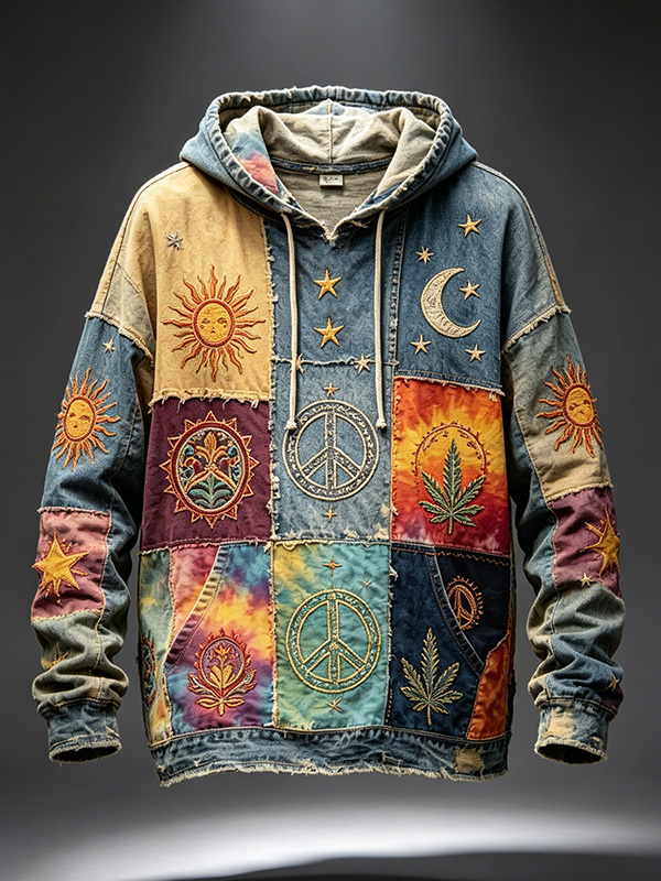 Men's Hippie Sun And Moon Patchwork Colorblock Art Print Pocket Hoodie