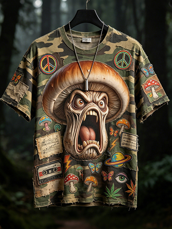Men's Fun Dark Hippie Mushroom Art Print T-Shirt