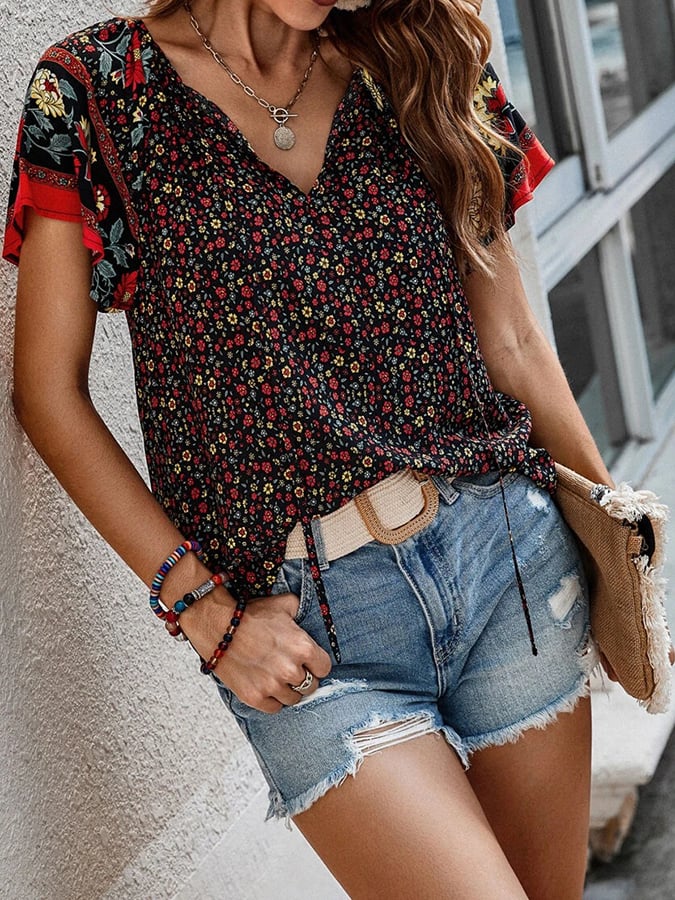 Women's Resort Style Bohemian Print V-Neck Short Sleeve Shirt