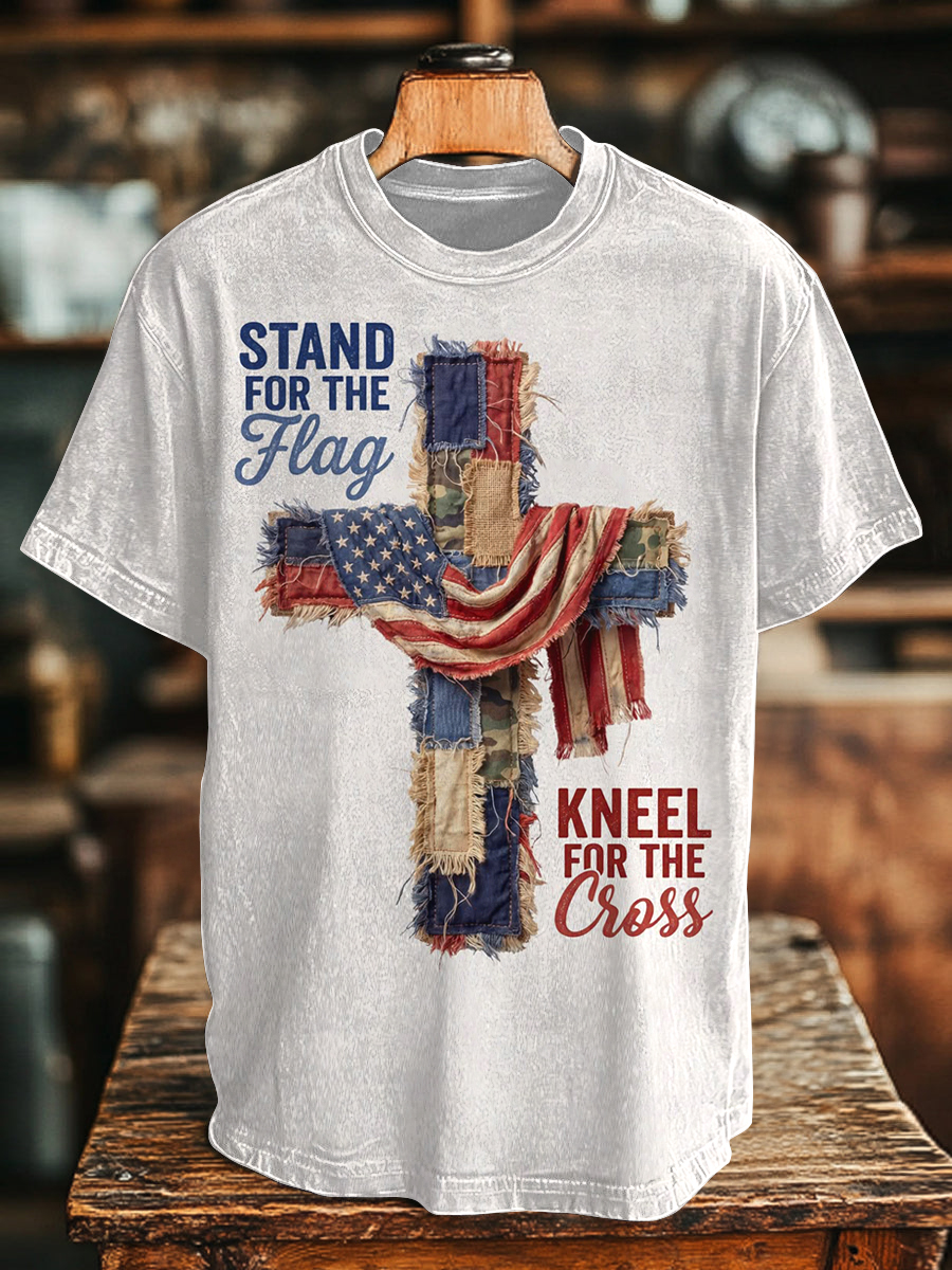 Men's Stand For The Flag Kneel For The Cross American Flag Cross Print Cotton Casual T-Shirt