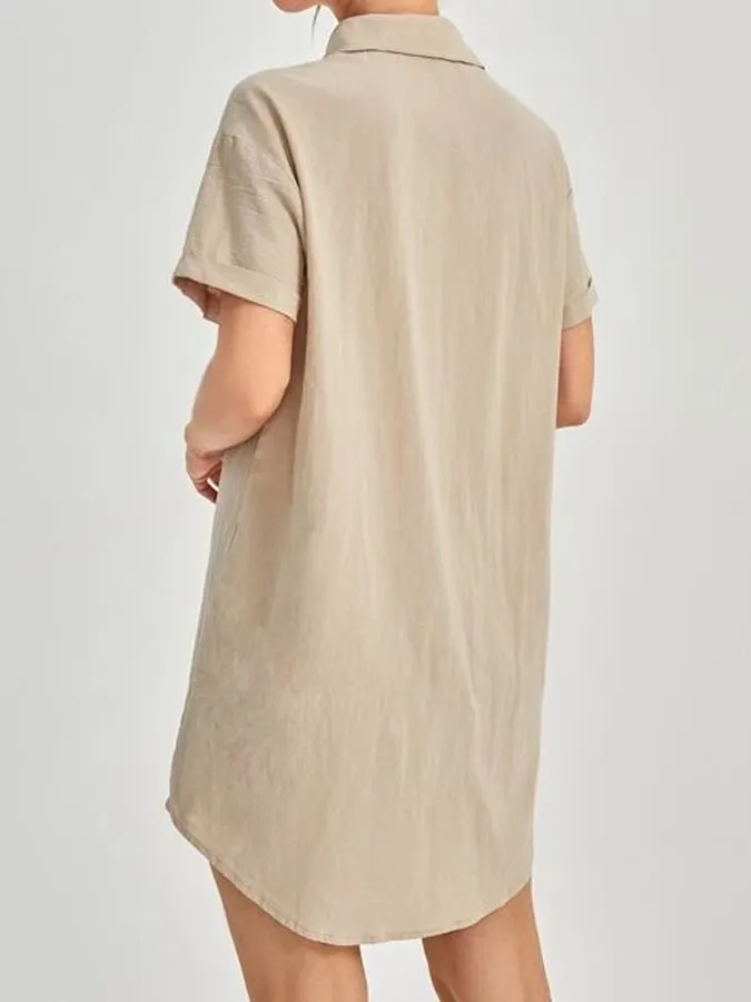 Women's Cotton Linen Lapel Loose Short Sleeve Dress