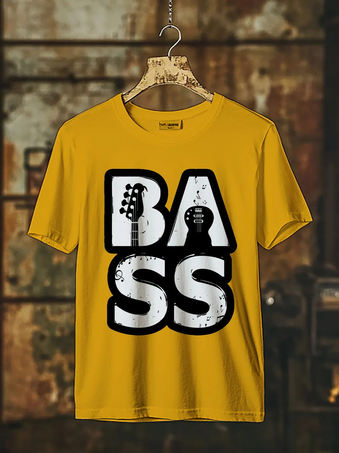 Men's Bass Guitar Music Note Print Cotton Casual T-Shirt