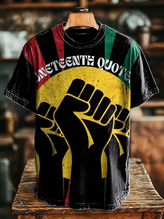 Men's Juneteenth Quote Fist Colorblock Print Casual T-Shirt