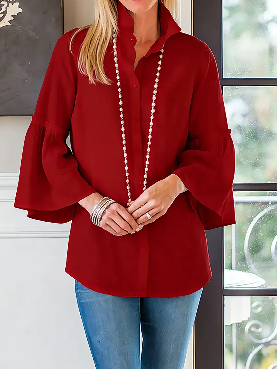 Women's Solid Color Lapel 3/4 Sleeve Casual Loose Cotton And Linen Shirt