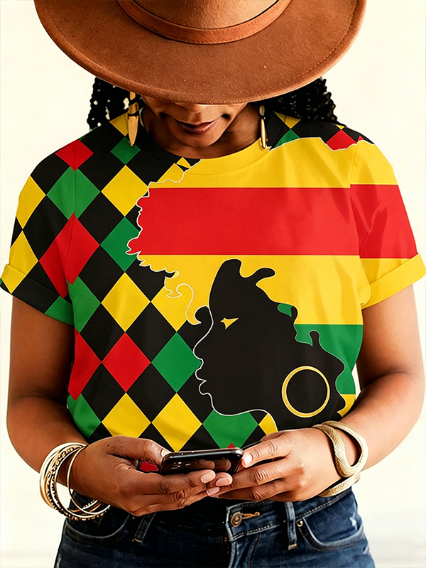 Women's Beautiful Black Woman Geometric Art Print Casual T-Shirt