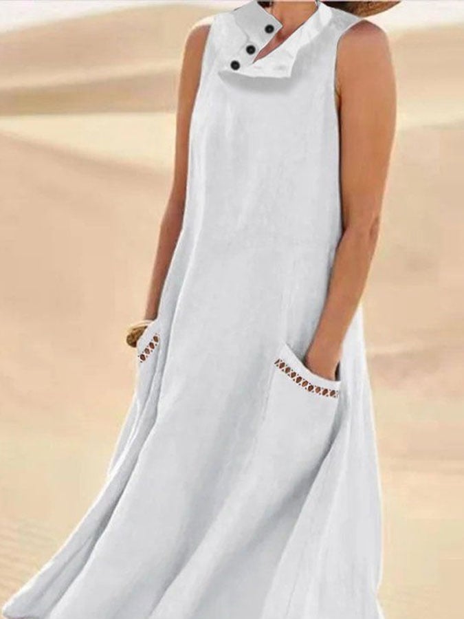 Women's Casual Solid Color Sleeveless Button Pocket Stitching Lace Dress