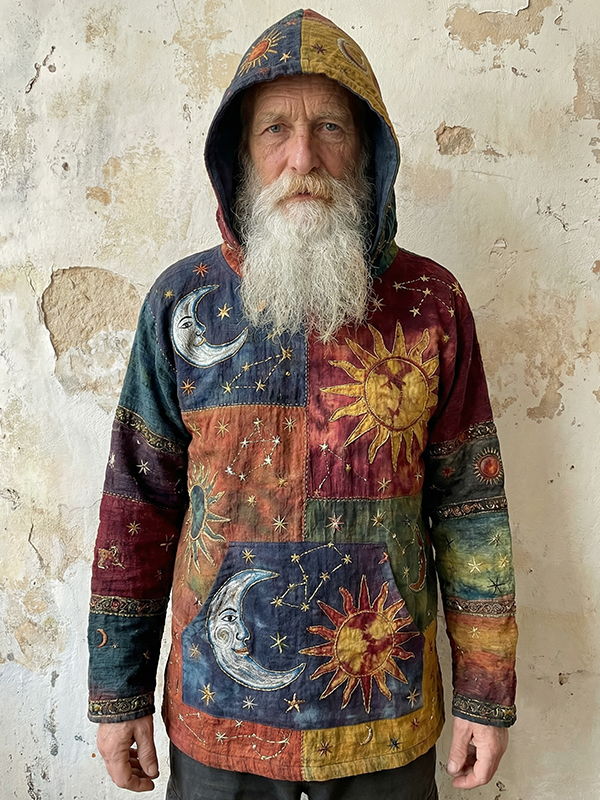 Men's Hippie Style Sun And Moon Color Block Art Print Pocket Hoodie