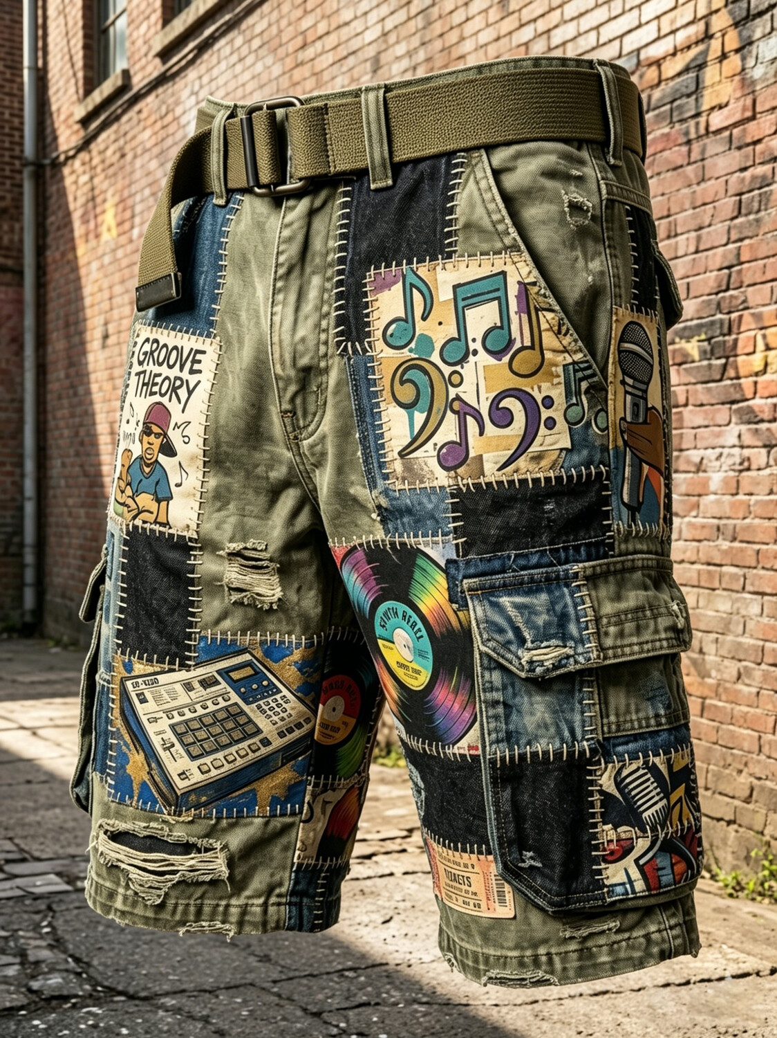 Men's Street Vinyl Culture Retro Groove Theory Print Cargo Shorts