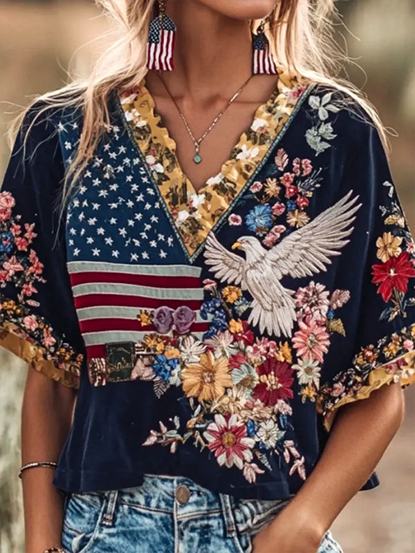 Women's Independence Day Flowers Eagle Art Print V Neck Short Sleeve T-Shirt