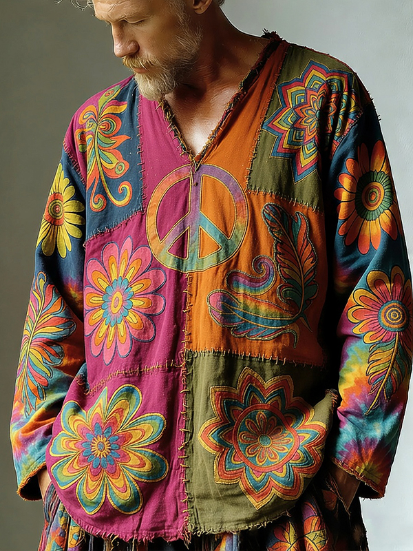 Men's Colorful Floral Hippie Peace Symbol Art Print V Neck Long Sleeve T-Shirt