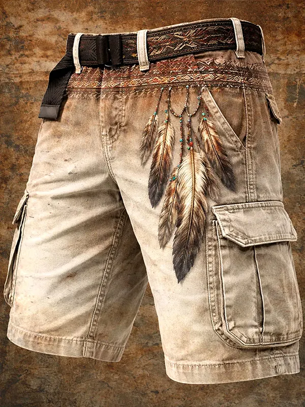 Men's Retro Tribal Feathers Print Cargo Shorts