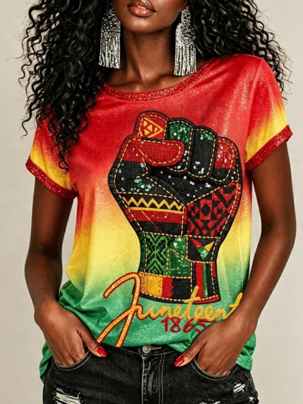 Women's Juneteenth 1865 Fist Graphic Ombre Print Casual T-Shirt
