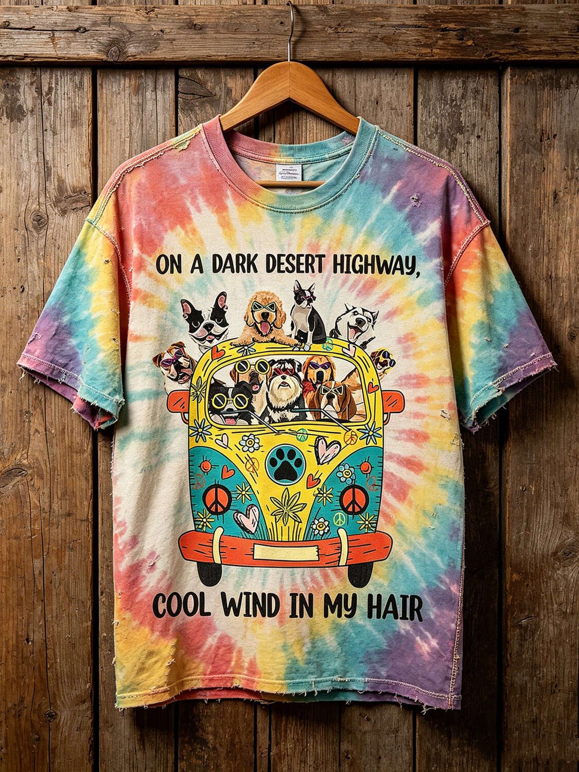 Men's Hippie Art Dogs Peace Sign Tie Dye Print Casual T-Shirt