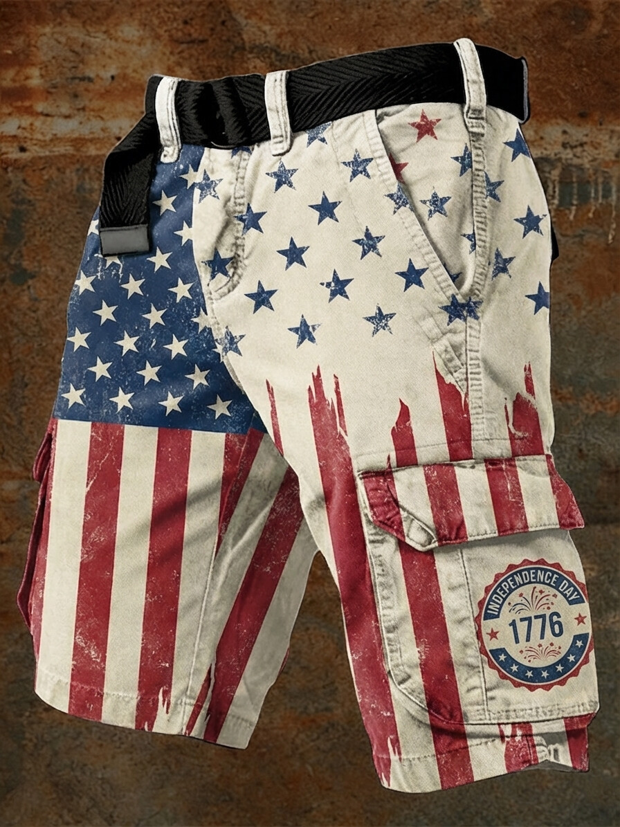 Men's Independence Day USA Flag Print Denim-Like Cargo Shorts