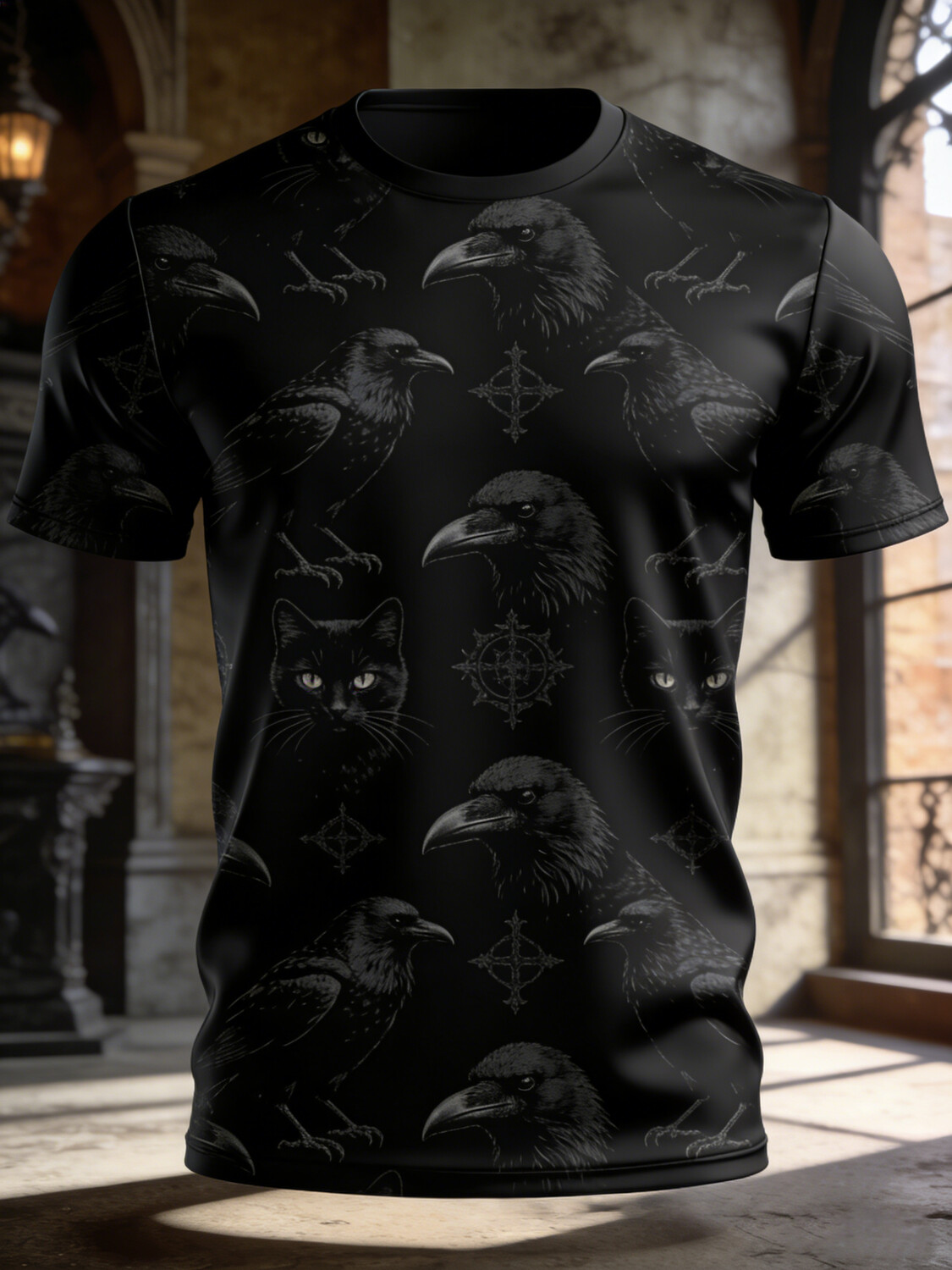 Men's Gothic Raven Black Cat Art Print T-Shirt