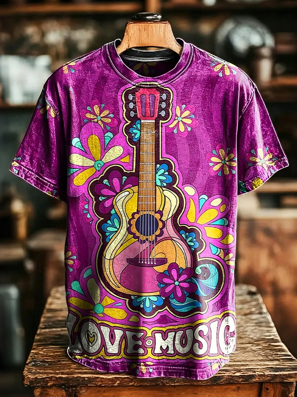 Men's Love And Music Hippie Guitar And Flowers Art Print T-Shirt