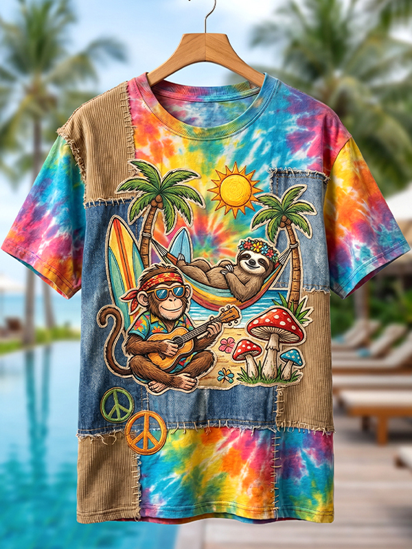 Men's Hippie Monkeys And Sloths Vacation Tie-Dye Patchwork Art Print T-Shirt