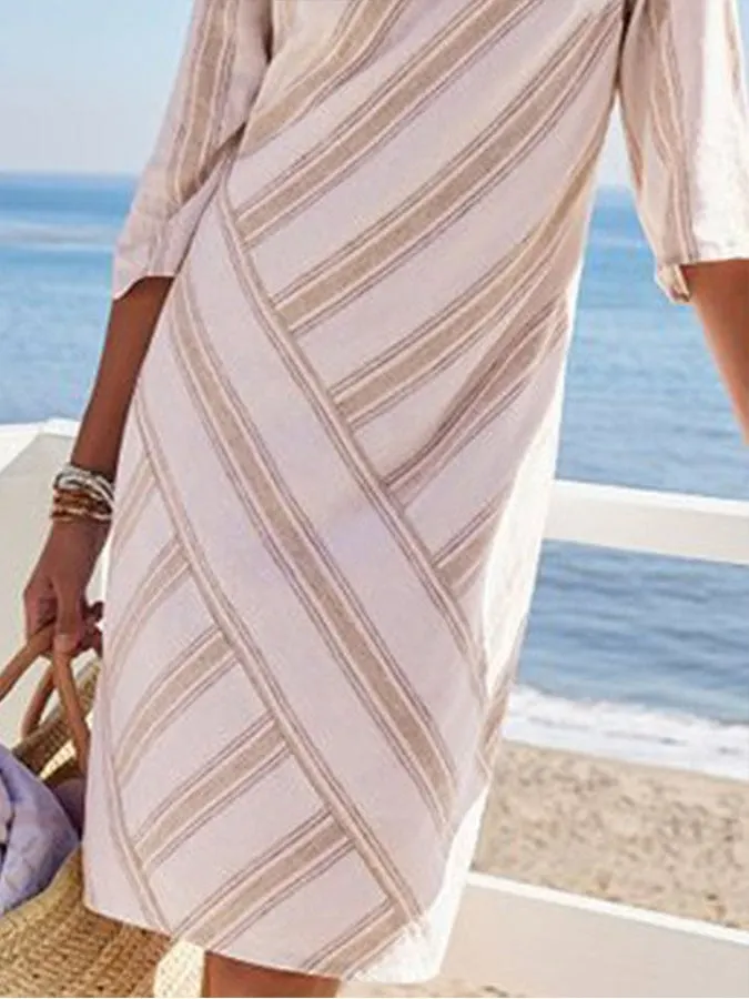 Ladies Striped Cotton Linen Striped Mid Length Dress