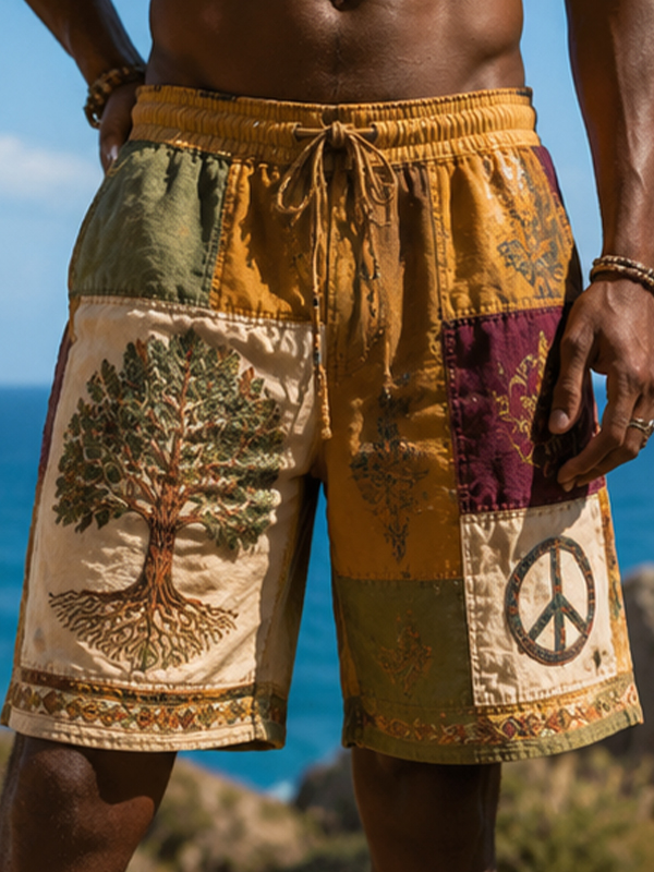 Men's Tree Of Life And Peace Patchwork Art Print Casual Shorts