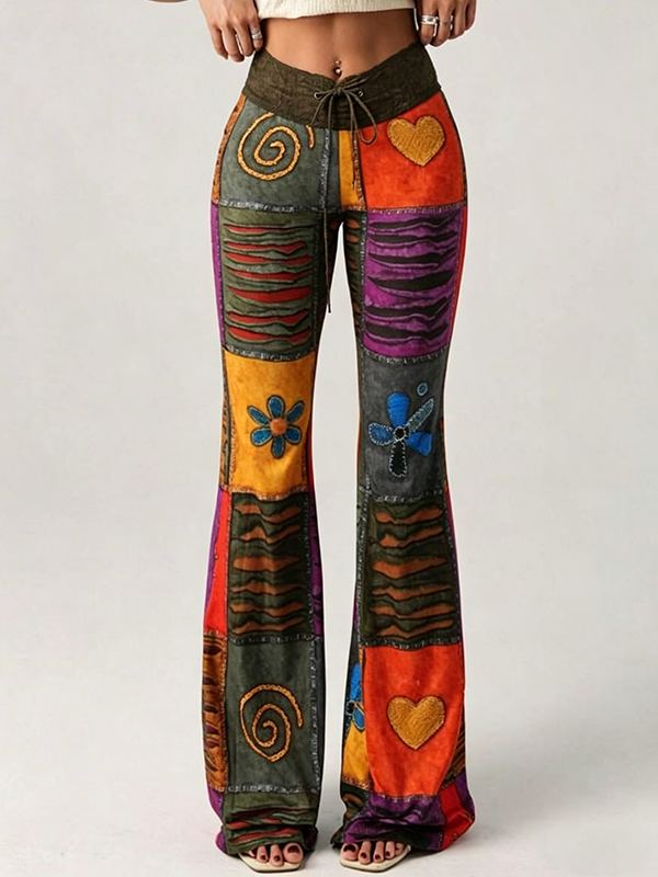 Women's Floral Geometric Boho Colorful Patchwork Print Casual Wide Leg Pants