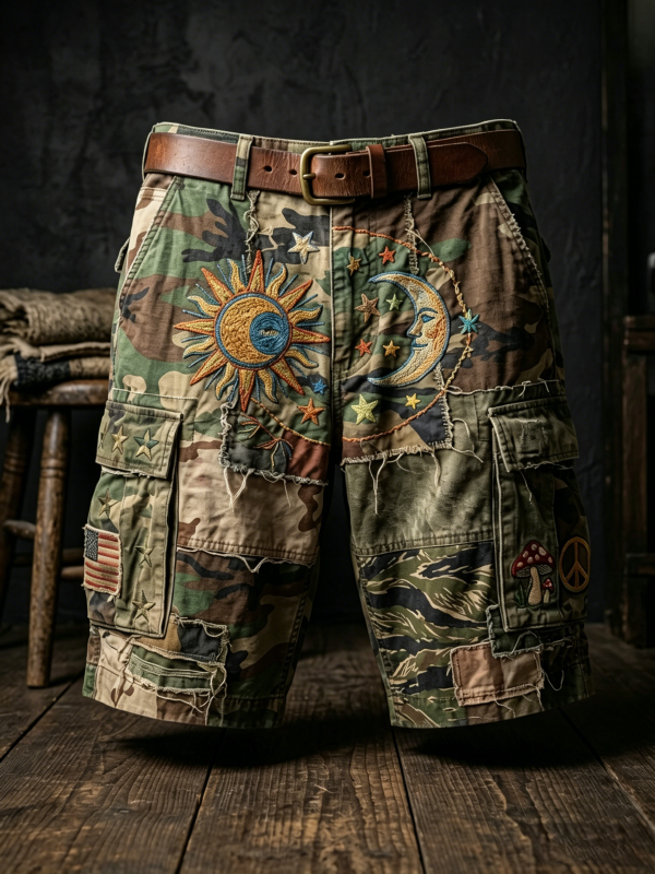 Men's Retro Camo Patchwork Sun Moon And Stars Print Casual Shorts